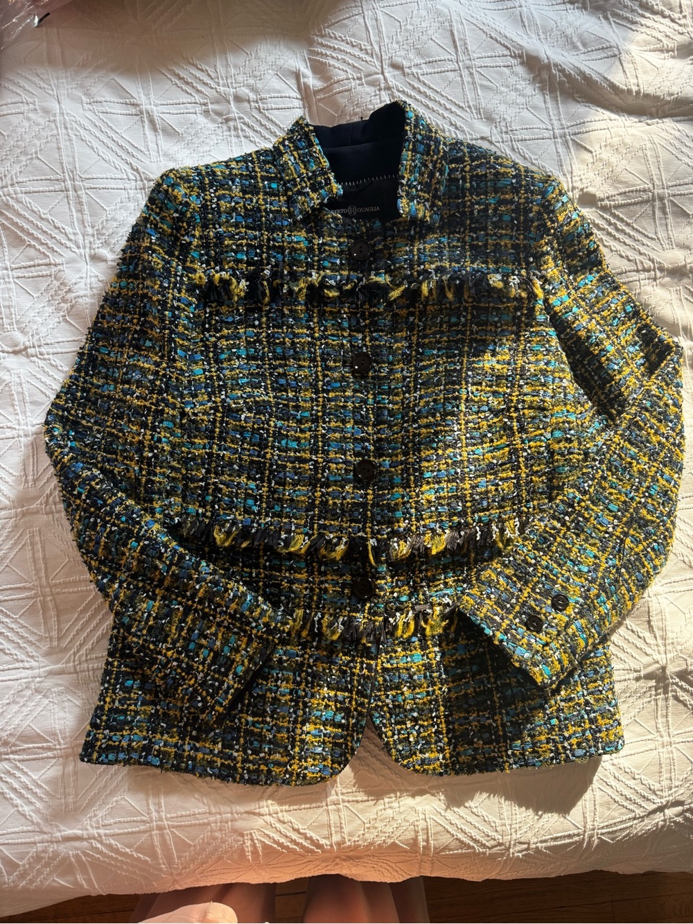 Chanel Style Yellow & Teal Tweed Fringe Jacket